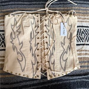 Lace-Up Beige Corset Top with Embroidered Detail